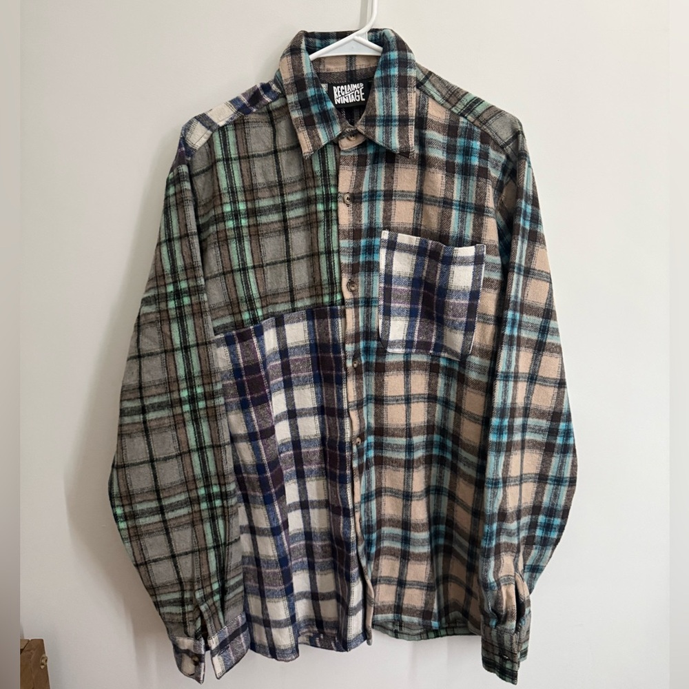 Reclaimed Vintage Mixed Plaid Button-Down Shirt in Beige, Blue, Green